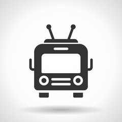 Monochromatic trolleybus icon with hovering effect shadow on grey gradient background. EPS 10