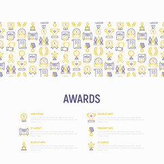Fototapeta na wymiar Awards concept with thin line icons: trophy, medal, cup, star, statuette, ribbon. Modern vector illustration of prizes for competition. Template for print media, banner.