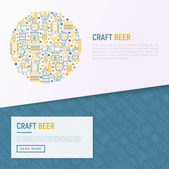Craft beer concept in circle with thin line icons related to Octoberfest: beer pack, hop, wheat, bottle opener, manufacturing, brewing, tulip glass, mag with foam. Vector illustration for print media.