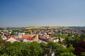 Fototapeta na wymiar Bird's eye view of the town hall and market in Otmuchow..