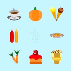 icons about Food with mustard and ketchup, ice, root, cafe and leg