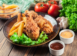 Crispy fried kentucky chicken legs with french fries