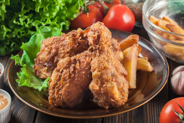 Crispy fried kentucky chicken legs with french fries