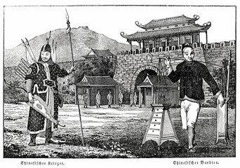 Chinese soldier and barber (from Das Heller-Magazin, December 6, 1834)