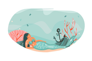 Hand drawn vector abstract cartoon summer time graphic underwater illustrations art template background with ocean bottom,beauty mermaid girl and copy space background for your text isolated on white