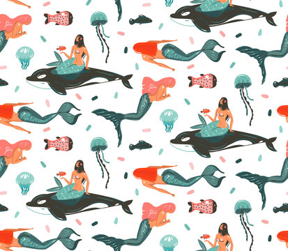 Hand drawn vector abstract cartoon graphic summer time underwater illustrations seamless pattern with killer whale,jellyfish and beauty bohemian mermaid girls characters isolated on white background
