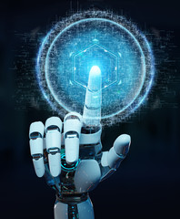 White robot hand using digital sphere connection hologram 3D rendering