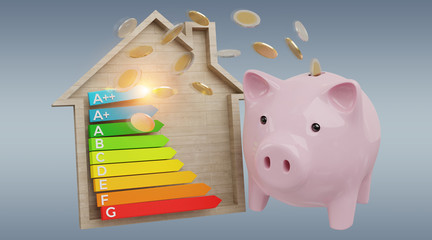 Energy chart rating and piggy bank illustration 3D rendering