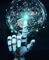 White cyborg hand using digital chart interface 3D rendering