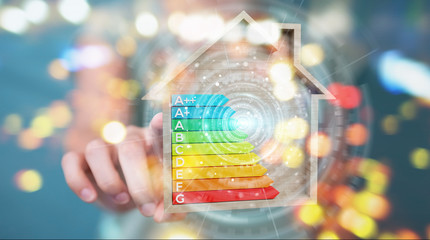 Businesswoman using 3D rendering energy rating chart in a wooden house