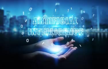 Businesswoman using digital artificial intelligence text hologram 3D rendering