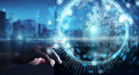 Businessman using globe network hologram with Europe map 3D rendering