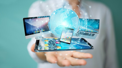 Businessman connecting tech devices and icons applications 3D rendering