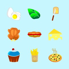 icons about Food with hotdog, decoration, mozarella, fatty bread and baked