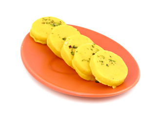 Indian Sweet Food Kesar Peda Also Know as Kesar Mawa Peda, Saffron Sweet, Saffron Peda is a saffron flavoured soft, dense sweet that is specially made during festivals