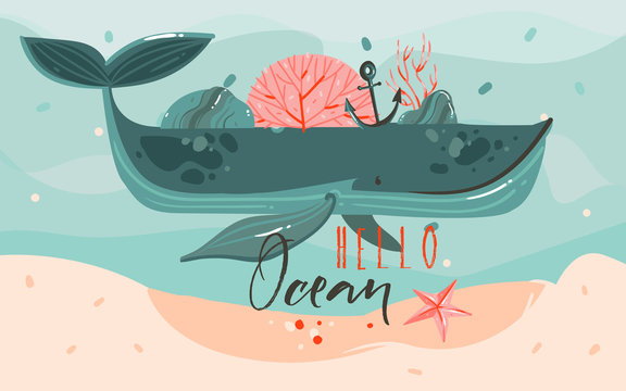 Hand drawn vector abstract cartoon summer time graphic illustrations art template background with ocean bottom,big whale,corals,seaweed and hello Ocean typography quote isolated on blue water waves