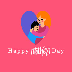 Happy Mothers Day vector hand lettering. Illustration of mother with child in heart shape for greeting card, poster etc.