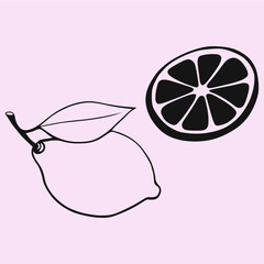 lemon with leaf, slice of lemon, vector silhouette isolated 