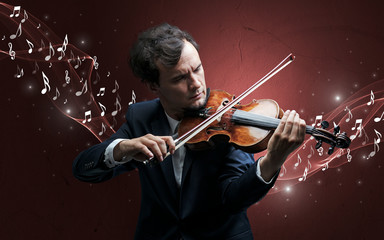 Lonely musical composer with violin and sparkling musical notes around