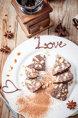chocolate sausage on a wooden table