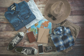 Traveler items vacation travel accessories holiday long weekend  day off travelling stuff background concept style Overhead flat  choice guide idea for planning travel around the world   