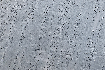 Background of the condensate drops on the film is polyethylene. Water drops texture