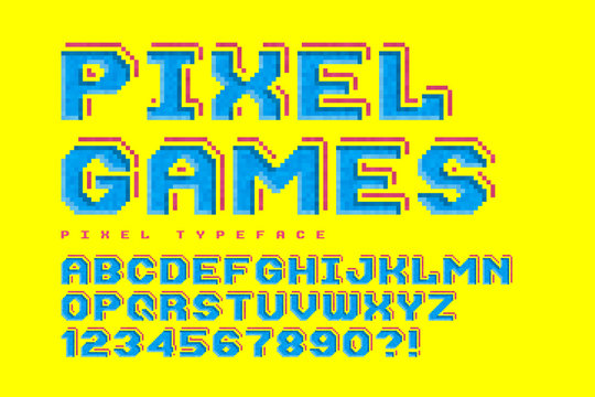 Pixel vector font design, stylized like in 8-bit games.