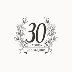 Anniversary logo template with ribbon and flowers, 30 years