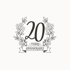 Anniversary logo template with ribbon and flowers, 20 years