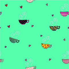 seamless background doodle hand drawing set of coffee cups in different pattern designs on mint green background