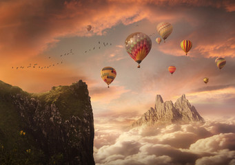 Fantasy sky with mountains and balloons