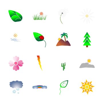 icon Nature with daisy, ocean, sun mountain, garden and mountain
