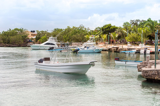 The boats near the shore in Bayahibe, La Altagracia, Dominican Republic. Copy space for text.