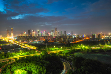 Fototapeta na wymiar Modern city sunset, busy traffic, business center, in Nanjing