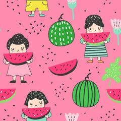 Foto op Aluminium Childish Seamless Pattern with Cute Girls and Watermelons © Pavlo Syvak