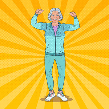 Pop Art Smiling Senior Mature Woman Showing Muscles. Healthy Lifestyle. Happy Grandmother. Vector illustration