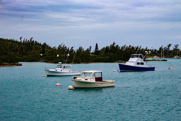 Fototapeta na wymiar Elys Harbour, Sandys, Bermuda. Boats on mooring 