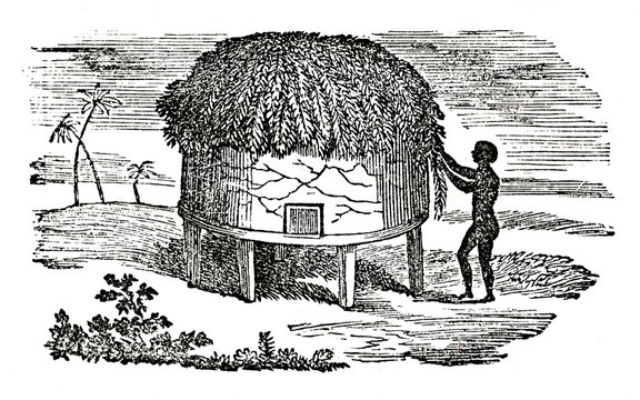 Man from Cumbry people builds a house; Middle Niger Region, Northern Nigeria,  Western Africa (from Das Heller-Magazin, October 23, 1834)