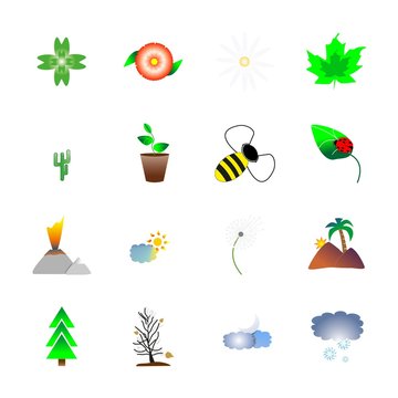 icon Nature with cactus, magma, pot, ladybug and bumblebee