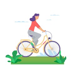 Fototapeta na wymiar Beautiful girl happily riding bicycle in flat design isolated on white background.Woman s activity at the park concept illustration.