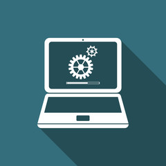 Laptop update process with gearbox progress and loading bar icon isolated with long shadow. System software update. Loading process in laptop screen. Flat design. Vector Illustration