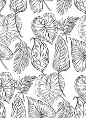 Tropical jungle seamless vector pattern with palm leafs on white background