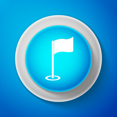 White Golf flag icon isolated on blue background. Golf equipment or accessory. Circle blue button with white line. Vector Illustration