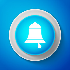 White Ringing bell icon isolated on blue background. Alarm symbol, service bell, handbell sign, notification symbol. Circle blue button with white line. Vector Illustration
