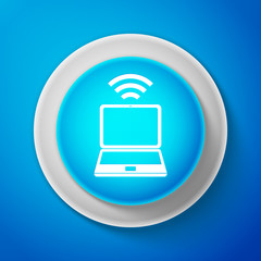 White Laptop and wireless icon isolated on blue background. Wireless technology, Wi-Fi connection, wireless network, hotspot concepts. Circle blue button with white line. Vector Illustration