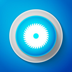 White Circular saw blade icon isolated on blue background. Saw wheel. Circle blue button with white line. Vector Illustration