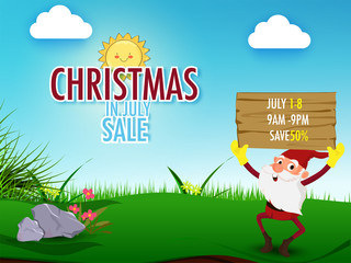 Christmas in July fest, sale banner, poster or flyer design with happy Santa Claus holding wooden banner of sale details, nature background.