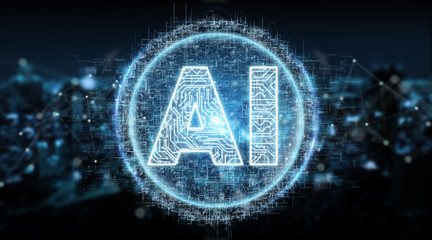 Digital artificial intelligence text hologram 3D rendering