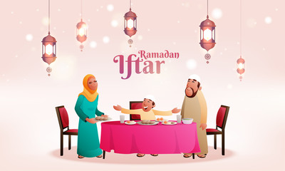 Beautiful invitation card design for Iftar on holy month of Ramadan with muslim family enjoying feast with hanging lanterns.