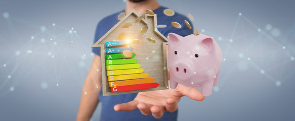 Businessman saving money with good energy chart rating 3D rendering